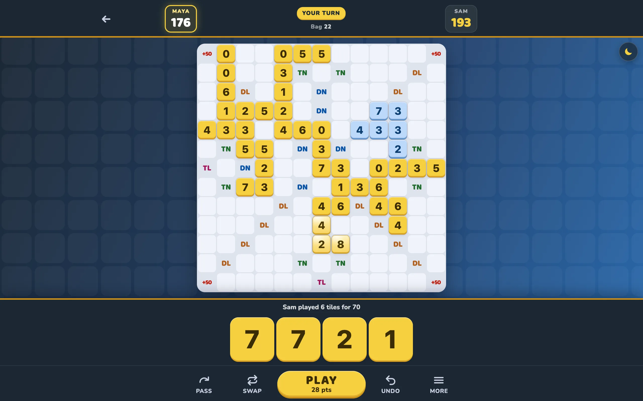 The same Crazy10s game on a laptop, the whole board in view